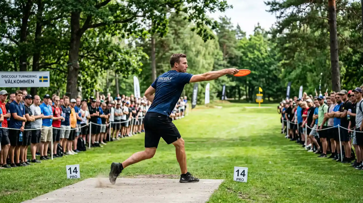 Professionell discgolfturnering med spelare och publik vid DGPT-event